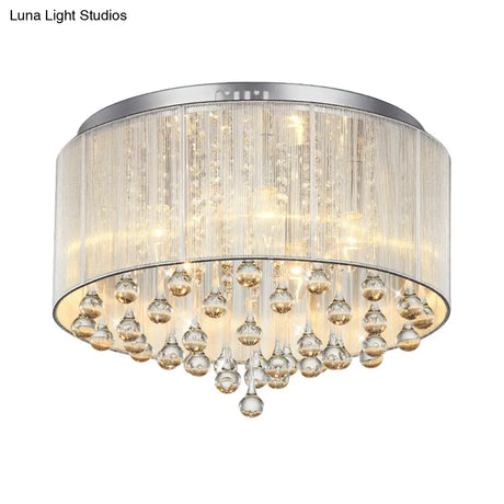 Contemporary Silver Flush Mount Drum Light With 6 - Light Crystal Fixture For Bedrooms