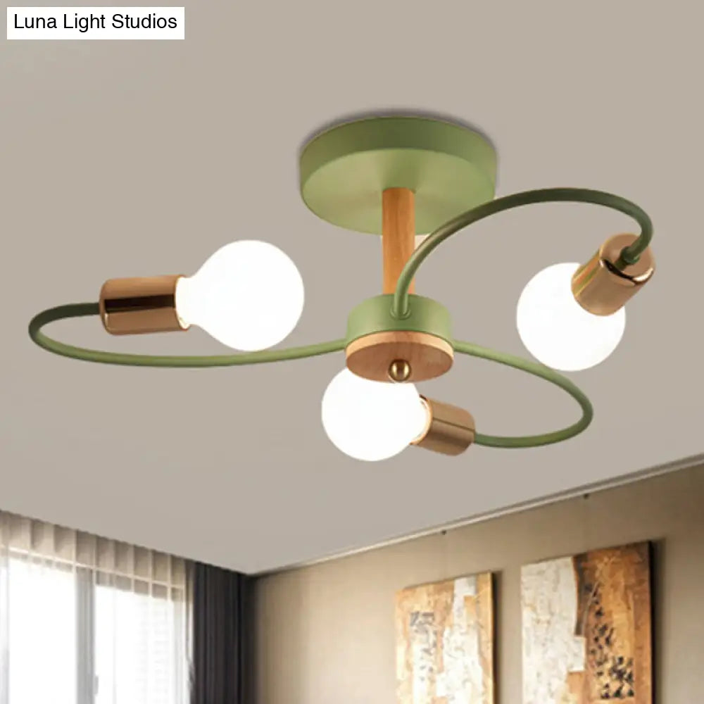Contemporary Sputnik Semi Flush Lamp With Curved Arm - 3/6/8 Lights Grey/Green Metal Finish