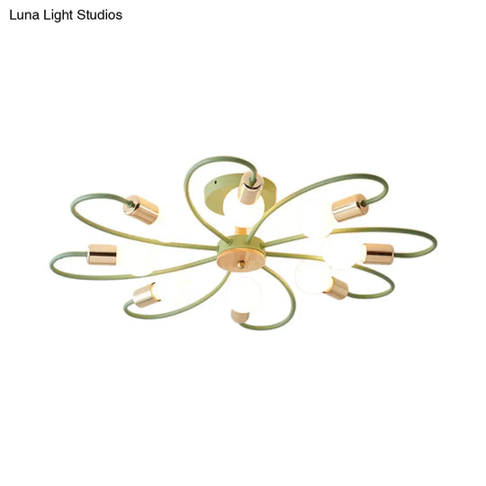 Contemporary Sputnik Semi Flush Lamp With Curved Arm - 3/6/8 Lights Grey/Green Metal Finish