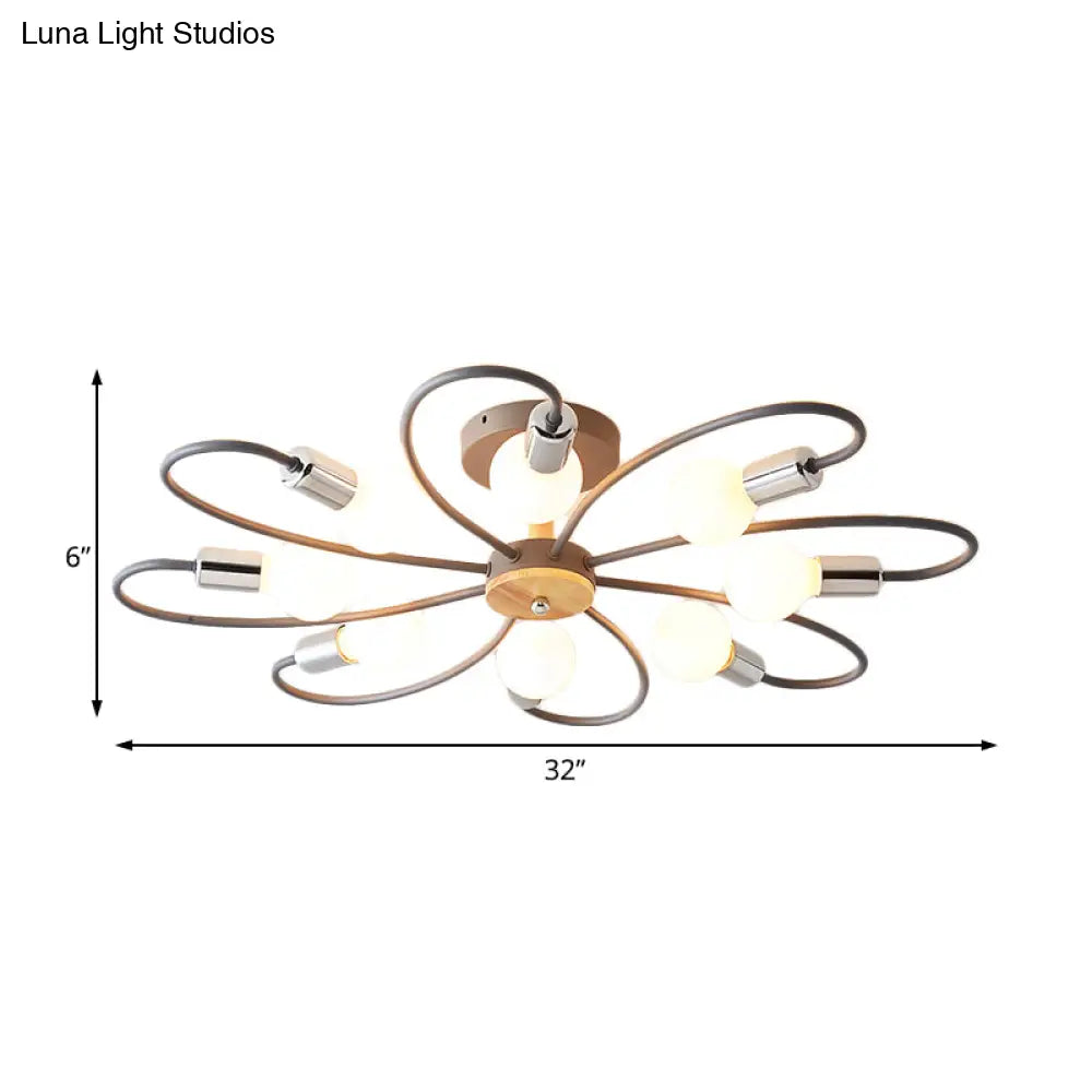 Contemporary Sputnik Semi Flush Lamp With Curved Arm - 3/6/8 Lights Grey/Green Metal Finish