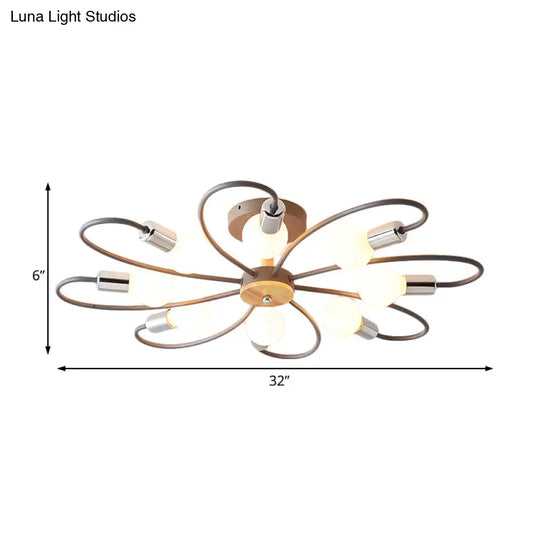 Contemporary Sputnik Semi Flush Lamp With Curved Arm - 3/6/8 Lights Grey/Green Metal Finish