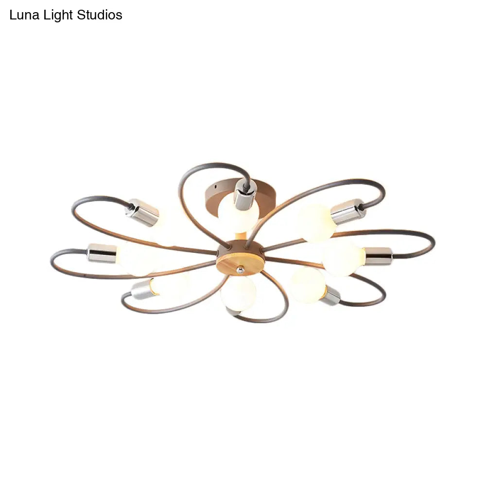 Contemporary Sputnik Semi Flush Lamp With Curved Arm - 3/6/8 Lights Grey/Green Metal Finish