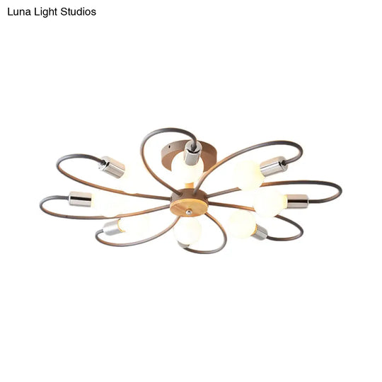 Contemporary Sputnik Semi Flush Lamp With Curved Arm - 3/6/8 Lights Grey/Green Metal Finish