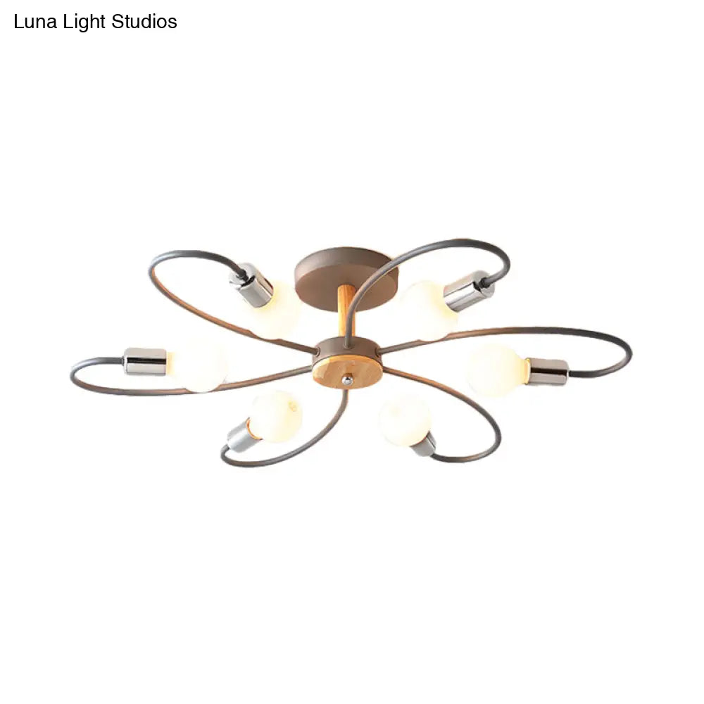 Contemporary Sputnik Semi Flush Lamp With Curved Arm - 3/6/8 Lights Grey/Green Metal Finish