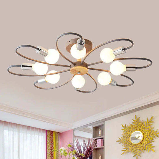 Contemporary Sputnik Semi Flush Lamp With Curved Arm - 3/6/8 Lights Grey/Green Metal Finish 8 / Grey