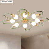 Contemporary Sputnik Semi Flush Lamp With Curved Arm - 3/6/8 Lights Grey/Green Metal Finish
