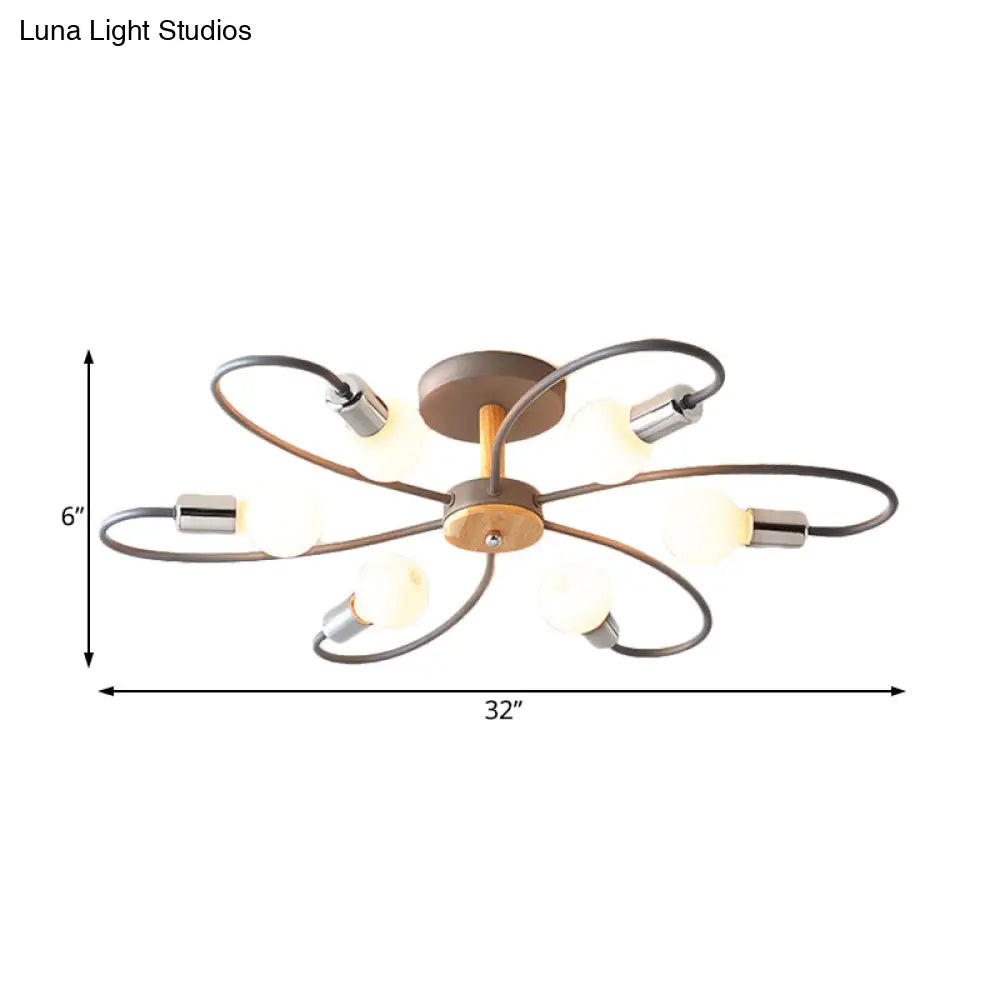 Contemporary Sputnik Semi Flush Lamp With Curved Arm - 3/6/8 Lights Grey/Green Metal Finish