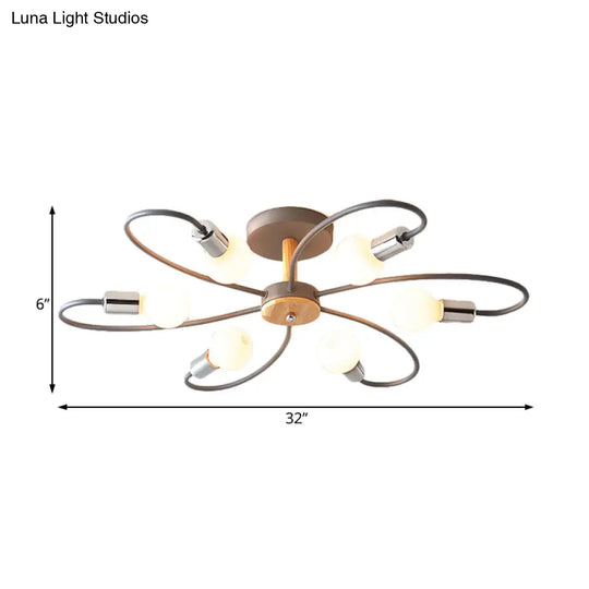 Contemporary Sputnik Semi Flush Lamp With Curved Arm - 3/6/8 Lights Grey/Green Metal Finish