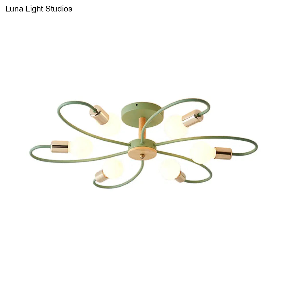 Contemporary Sputnik Semi Flush Lamp With Curved Arm - 3/6/8 Lights Grey/Green Metal Finish