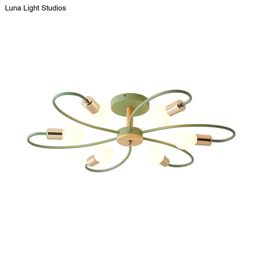 Contemporary Sputnik Semi Flush Lamp With Curved Arm - 3/6/8 Lights Grey/Green Metal Finish
