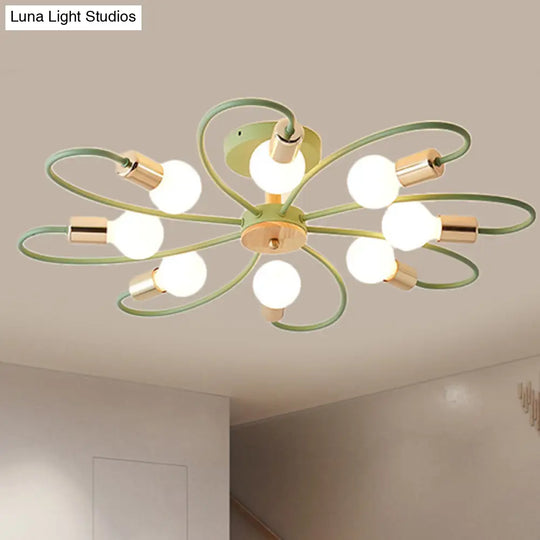 Contemporary Sputnik Semi Flush Lamp With Curved Arm - 3/6/8 Lights Grey/Green Metal Finish