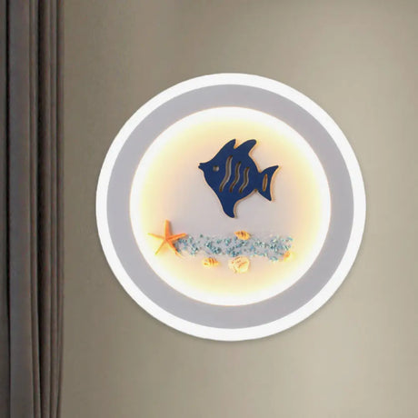 Contemporary Style Led Wall Light Fixture - White Round Acrylic Lamp With Fish And Sea Star Pattern