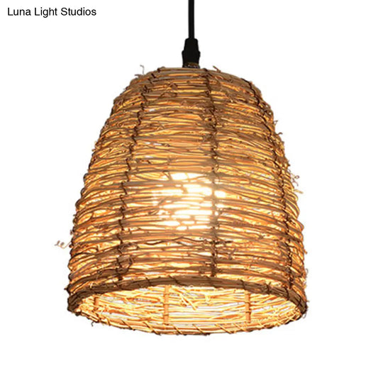 Contemporary Style Rattan Hanging Lamp With Conic Design: 1 Head Beige/Brown Suspension Light For