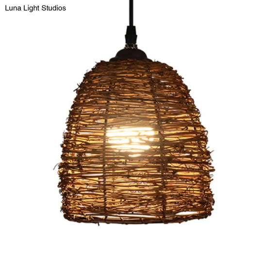 Contemporary Style Rattan Hanging Lamp With Conic Design: 1 Head Beige/Brown Suspension Light For