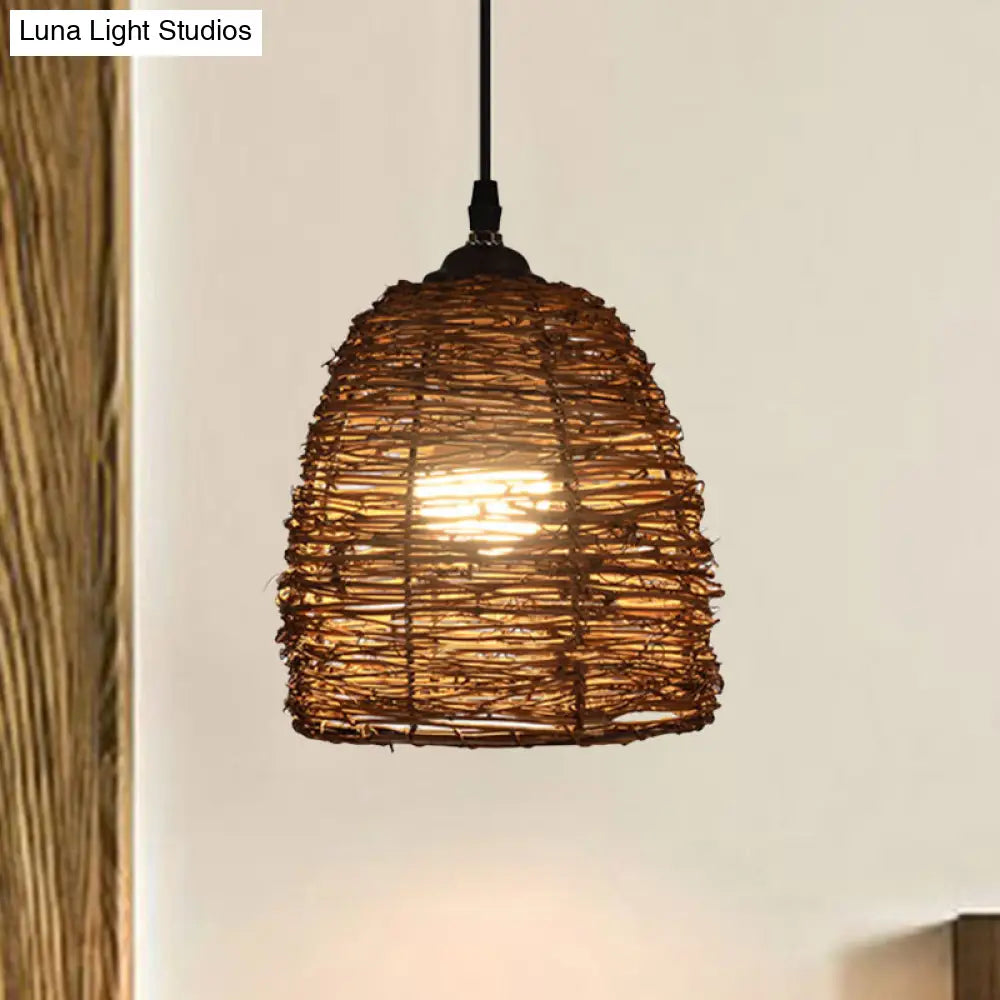 Contemporary Style Rattan Hanging Lamp With Conic Design: 1 Head Beige/Brown Suspension Light For