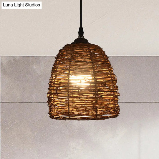Contemporary Style Rattan Hanging Lamp With Conic Design: 1 Head Beige/Brown Suspension Light For