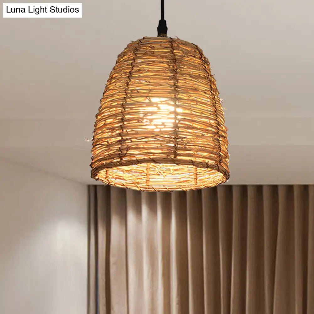 Contemporary Style Rattan Hanging Lamp With Conic Design: 1 Head Beige/Brown Suspension Light For