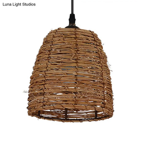 Contemporary Style Rattan Hanging Lamp With Conic Design: 1 Head Beige/Brown Suspension Light For