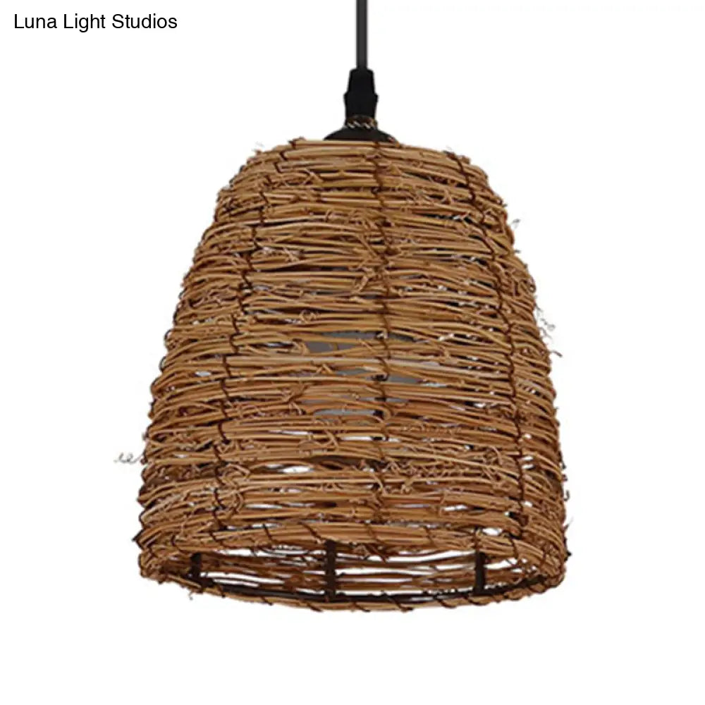 Contemporary Style Rattan Hanging Lamp With Conic Design: 1 Head Beige/Brown Suspension Light For