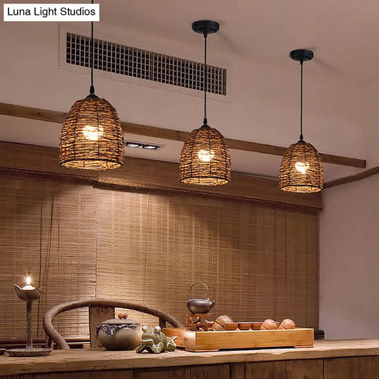 Contemporary Style Rattan Hanging Lamp With Conic Design: 1 Head Beige/Brown Suspension Light For