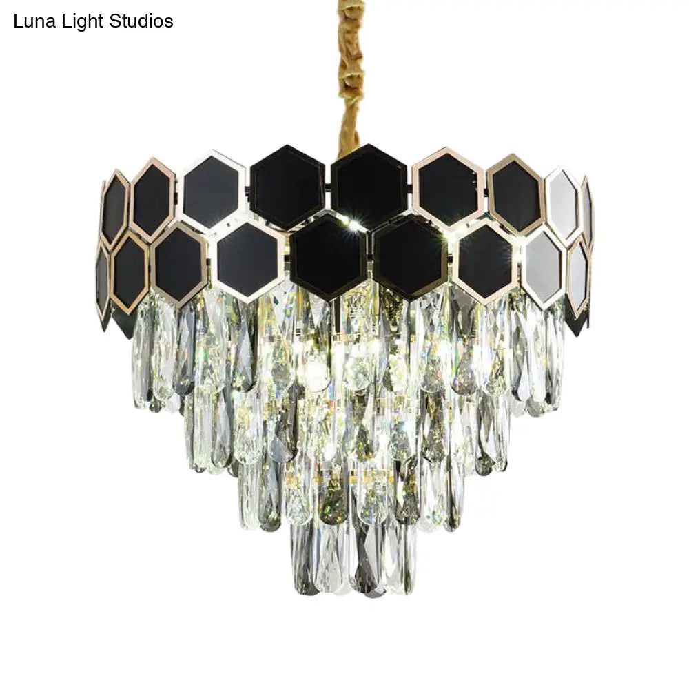 Contemporary Tapered Chandelier Lamp With 9 Bulbs Black Finish & Clear Glass Drops