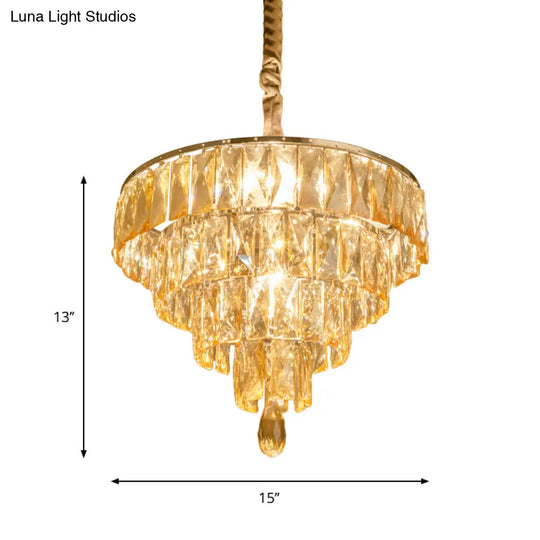 Contemporary Tapered Suspension Lamp - Clear Rectangle-Cut Crystal 4 Head Nickel Chandelier