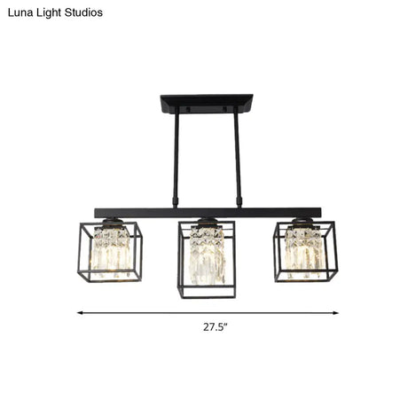 Contemporary Tri-Sided Crystal Rod Black Hanging Ceiling Light - Square 3/4 Heads Island Lamp