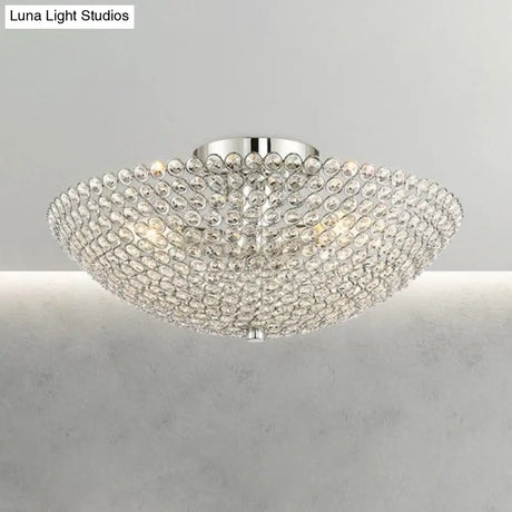 Contemporary Triple Light Chrome Flush Mount Ceiling With Clear K9 Crystal Bowl