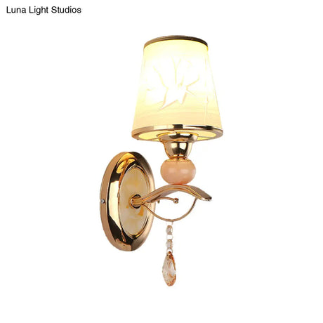 Contemporary Wall Lamp With Crystal Droplet - Amber Glass And Gold Finish