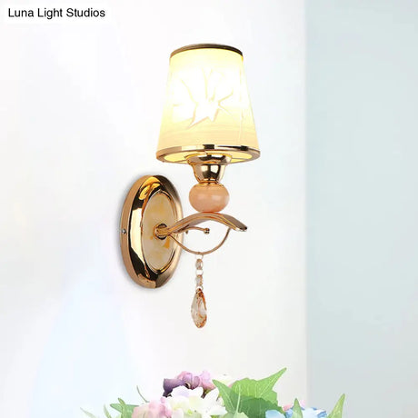 Contemporary Wall Lamp With Crystal Droplet - Amber Glass And Gold Finish