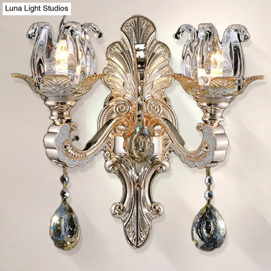 Contemporary Wall-Mounted Floral Sconce Light Fixture With Crystal Drop - Clear Glass 1/2 Heads 2 /