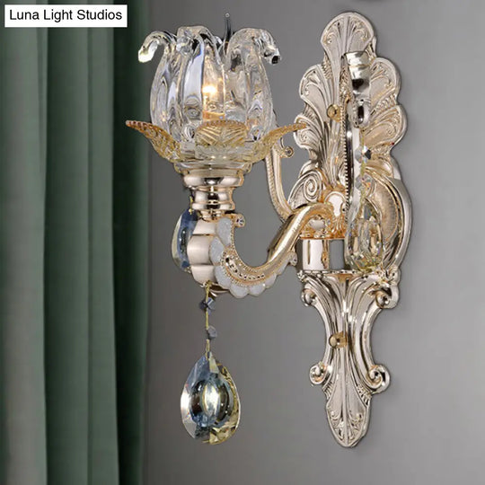 Contemporary Wall-Mounted Floral Sconce Light Fixture With Crystal Drop - Clear Glass 1/2 Heads 1 /