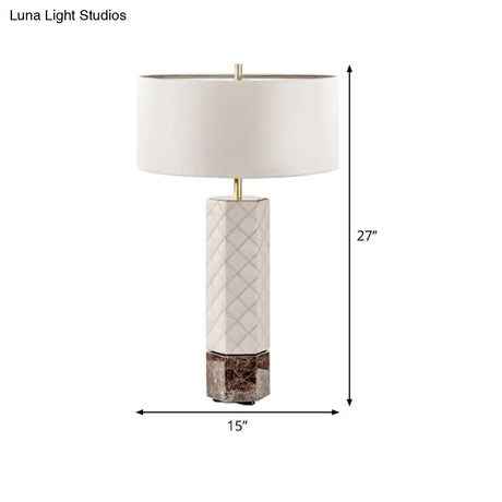 Contemporary White Desk Lamp With Fabric Shade - Cylindrical Night Table Light
