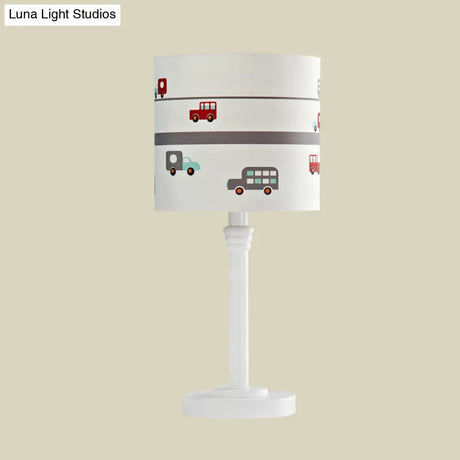 Contemporary White Drum Nightstand Table Lamp With Fabric Shade