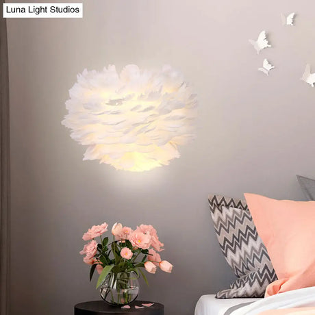 Contemporary White Feather Flush Wall Sconce - 1 Bulb Fabric Mounted Light For Bedside