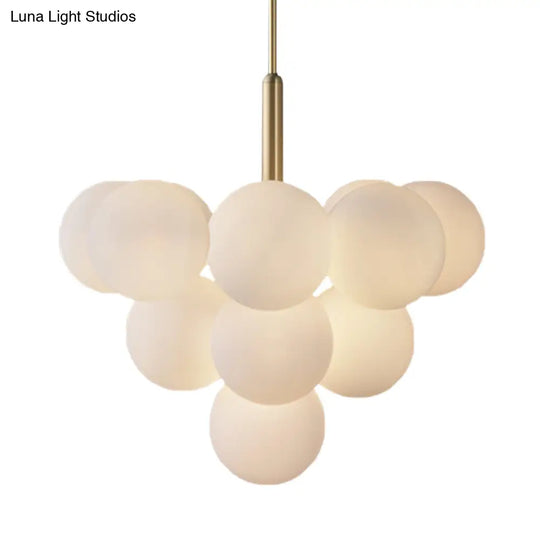 Contemporary White Glass Chandelier Lamp – 5/13 Lights Brass Pendant Light With Spherical Design