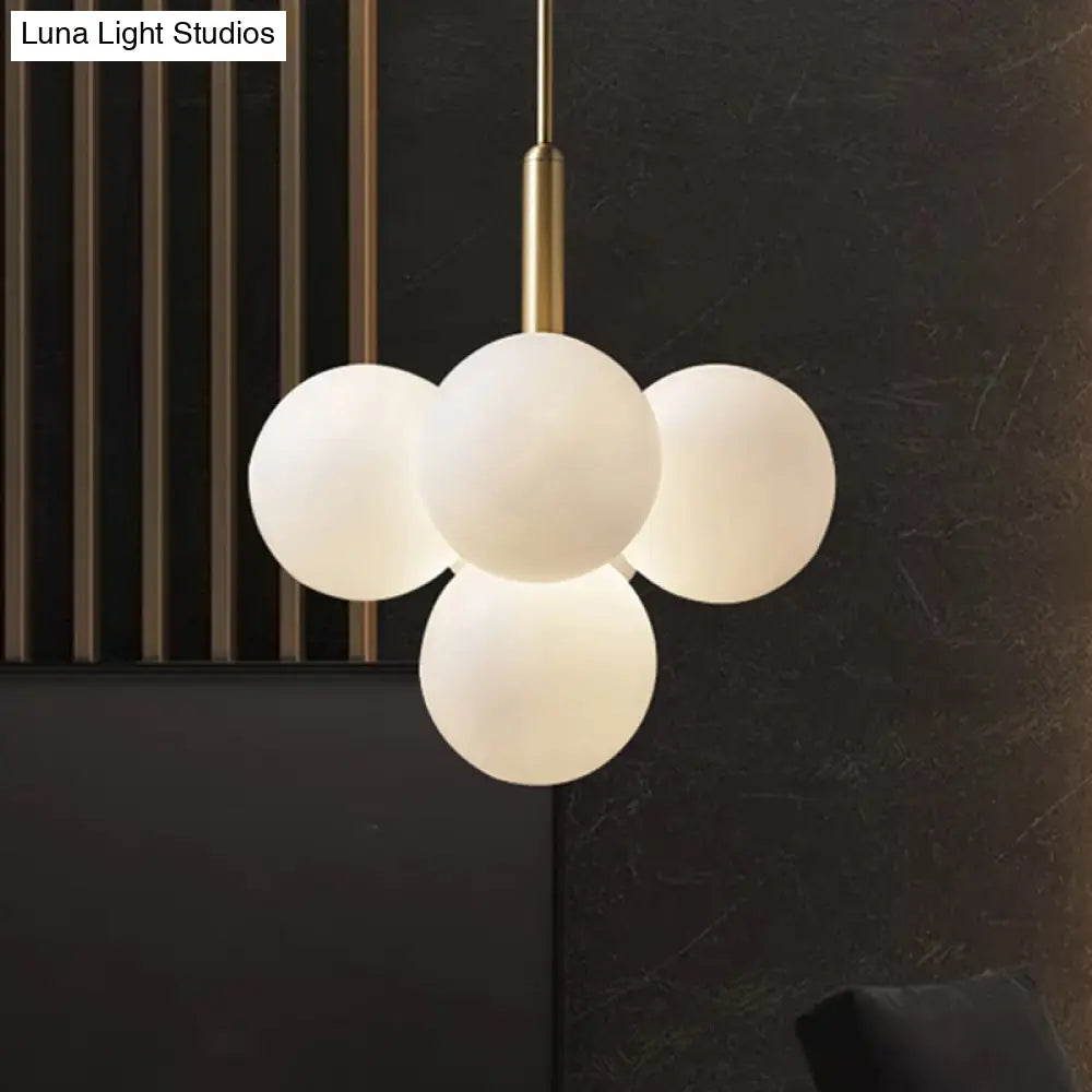 Contemporary White Glass Chandelier Lamp – 5/13 Lights Brass Pendant Light With Spherical Design