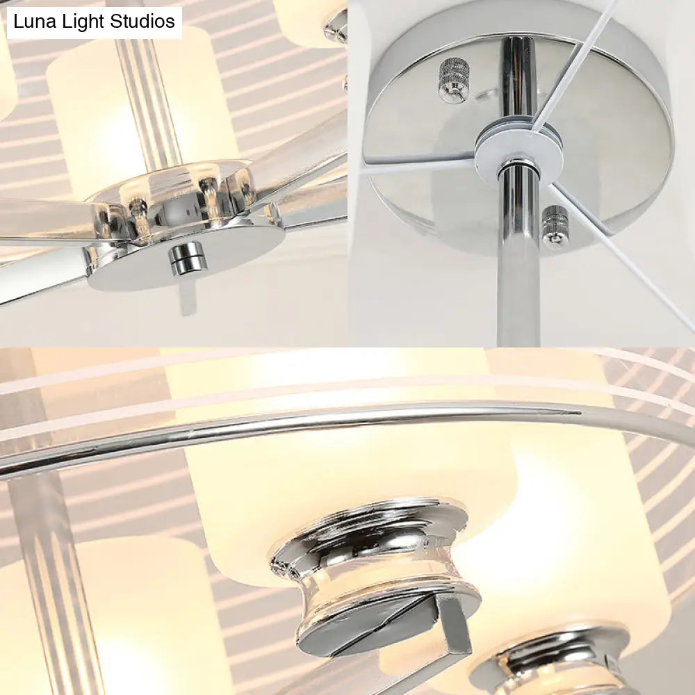 Contemporary White Glass Semi Flush Mount Ceiling Lamp - 4 Lights Chrome Fixture With Band Shade