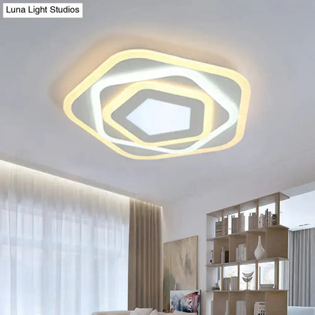 Contemporary White Layered Pentagon Led Flush Light - Warm/White Ceiling Mount Lamp 8’/19.5’ Wide