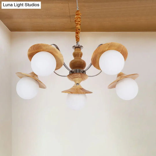 Modern Wood Chandelier With Flared Design 5-Bulb Restaurant Hanging Light Kit And Cream Glass Shade