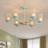 Contemporary Wood Cognac Chandelier - Cylinder Shade 3/6 Heads Lighting For Living Room 6 / Green