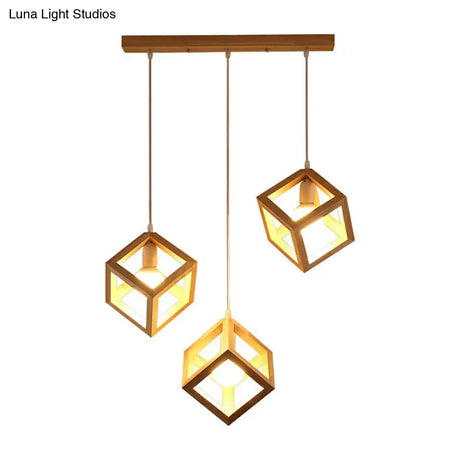 Contemporary Wood Cube Pendant Light - 3-Head Suspension For Dining Room