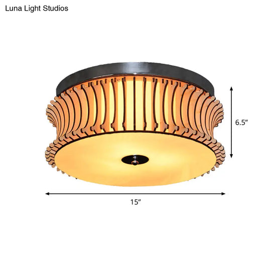 Contemporary Wood Drum Flushmount Lighting With 3 Beige Heads - Ceiling Flush Mount Lamp