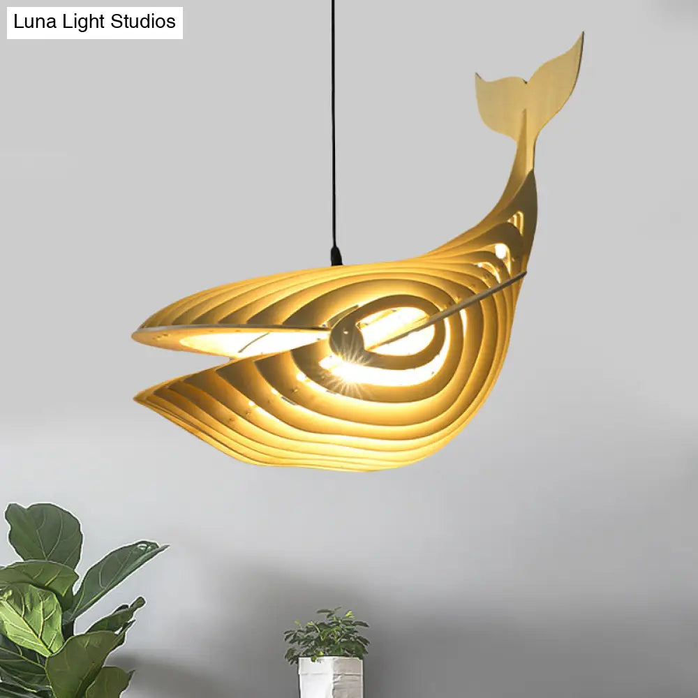 Contemporary Wood Whale Suspension Pendant: 1-Bulb Beige Hanging Light Kit For Stairway