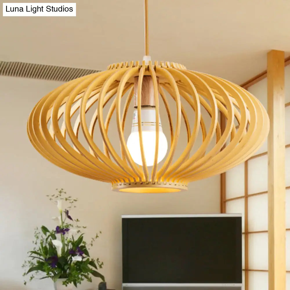Contemporary Wooden Lantern Pendant Light In Beige For Living Room
