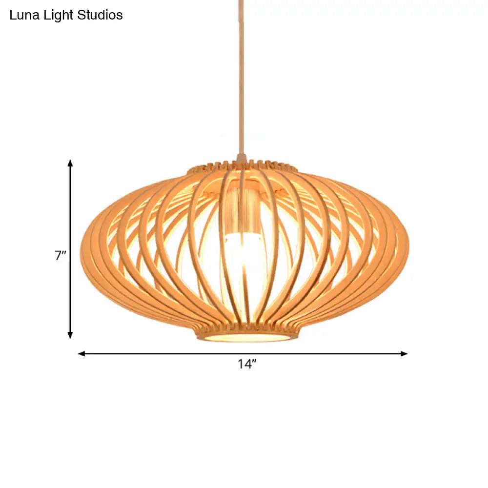 Contemporary Wooden Lantern Pendant Light In Beige For Living Room