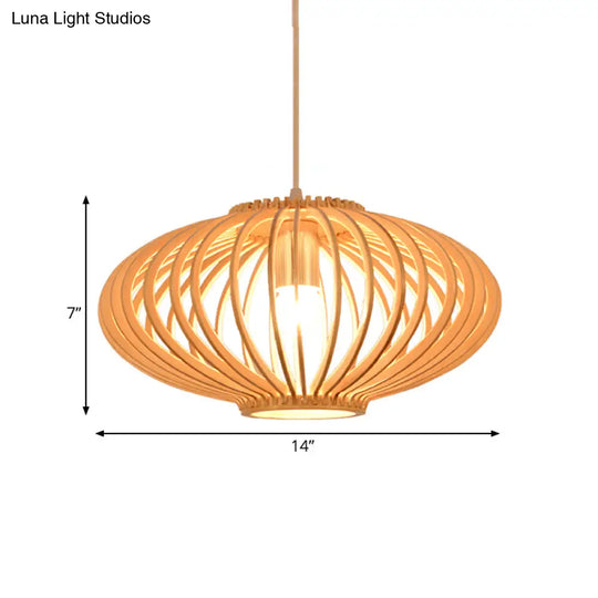 Contemporary Wooden Lantern Pendant Light In Beige For Living Room