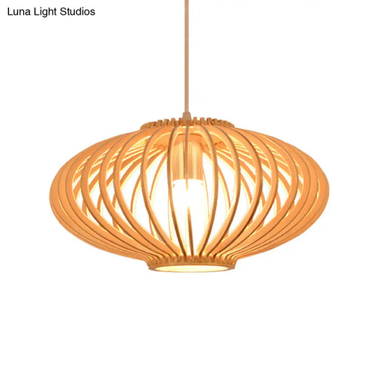 Contemporary Wooden Lantern Pendant Light In Beige For Living Room