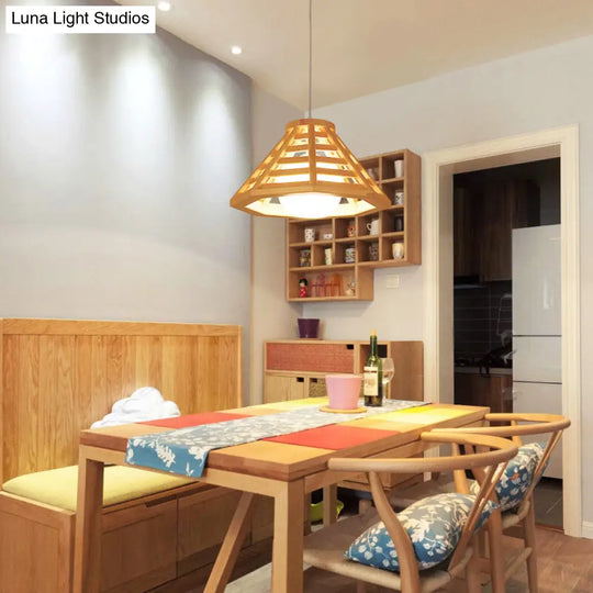 Contemporary Wood Pendant Ceiling Light With Cream Glass Shade - Perfect For Dining Rooms / Small B