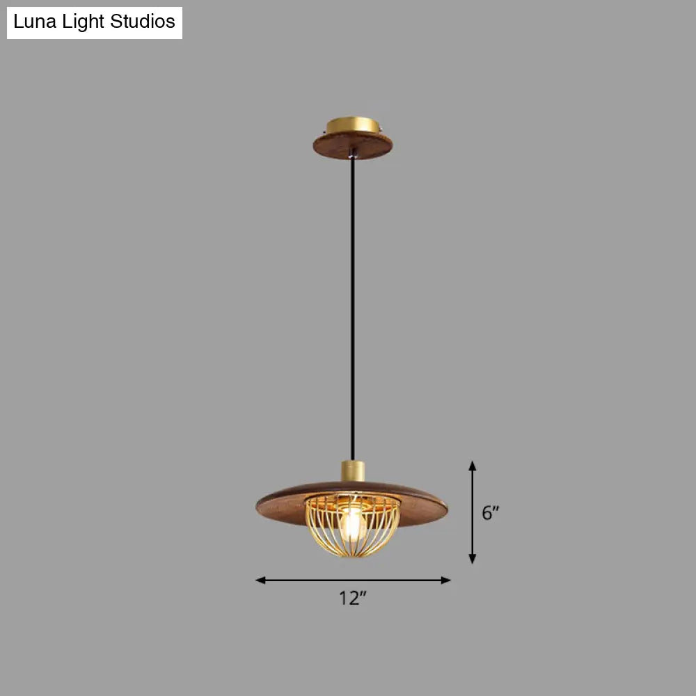 Contemporary Wooden Pendant Light With Cage Bottom - 1-Light Hanging Ceiling Fixture 1 / Coffee